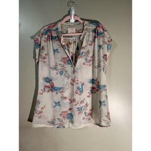 Quiksilver Tunic Blouse Womens S White Floral Sheer Rayon V-Neck Button Pockets